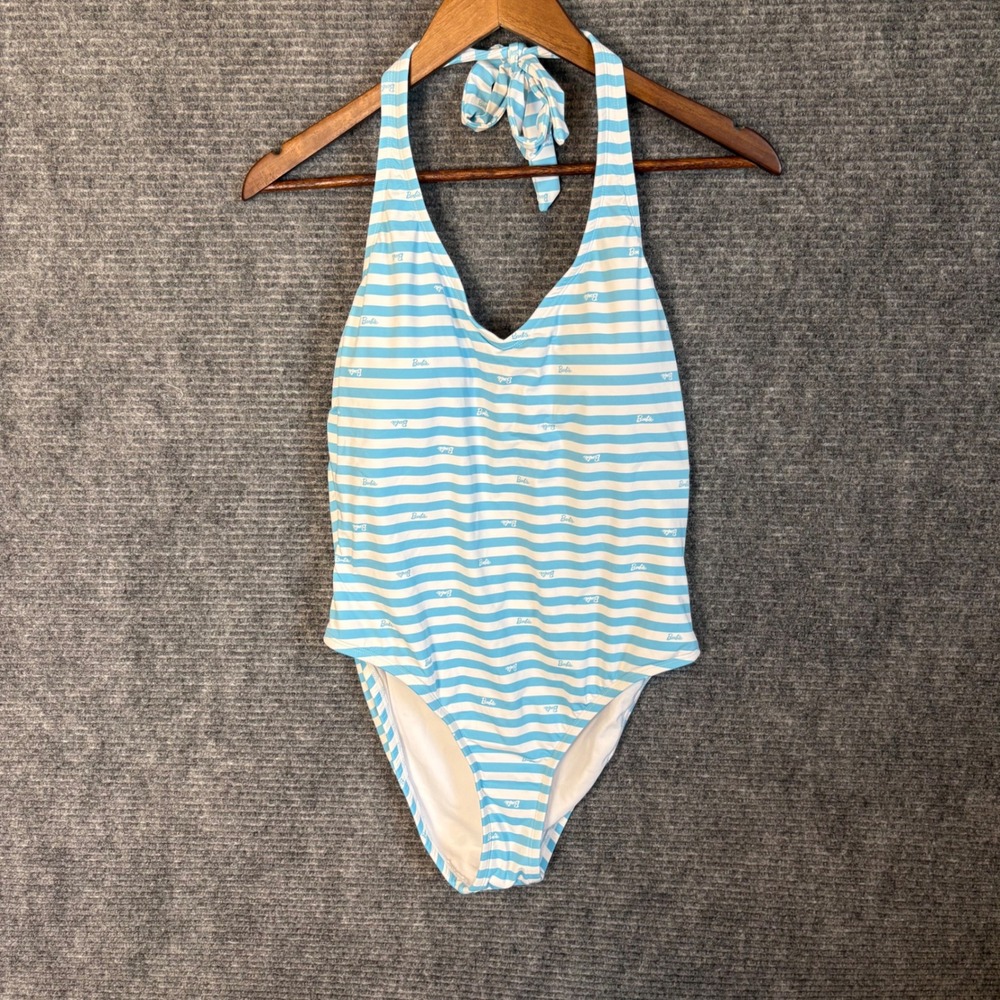Barbie Women Light Blue White Striped Halter One Piece Swimsuit BA4725-1232 L